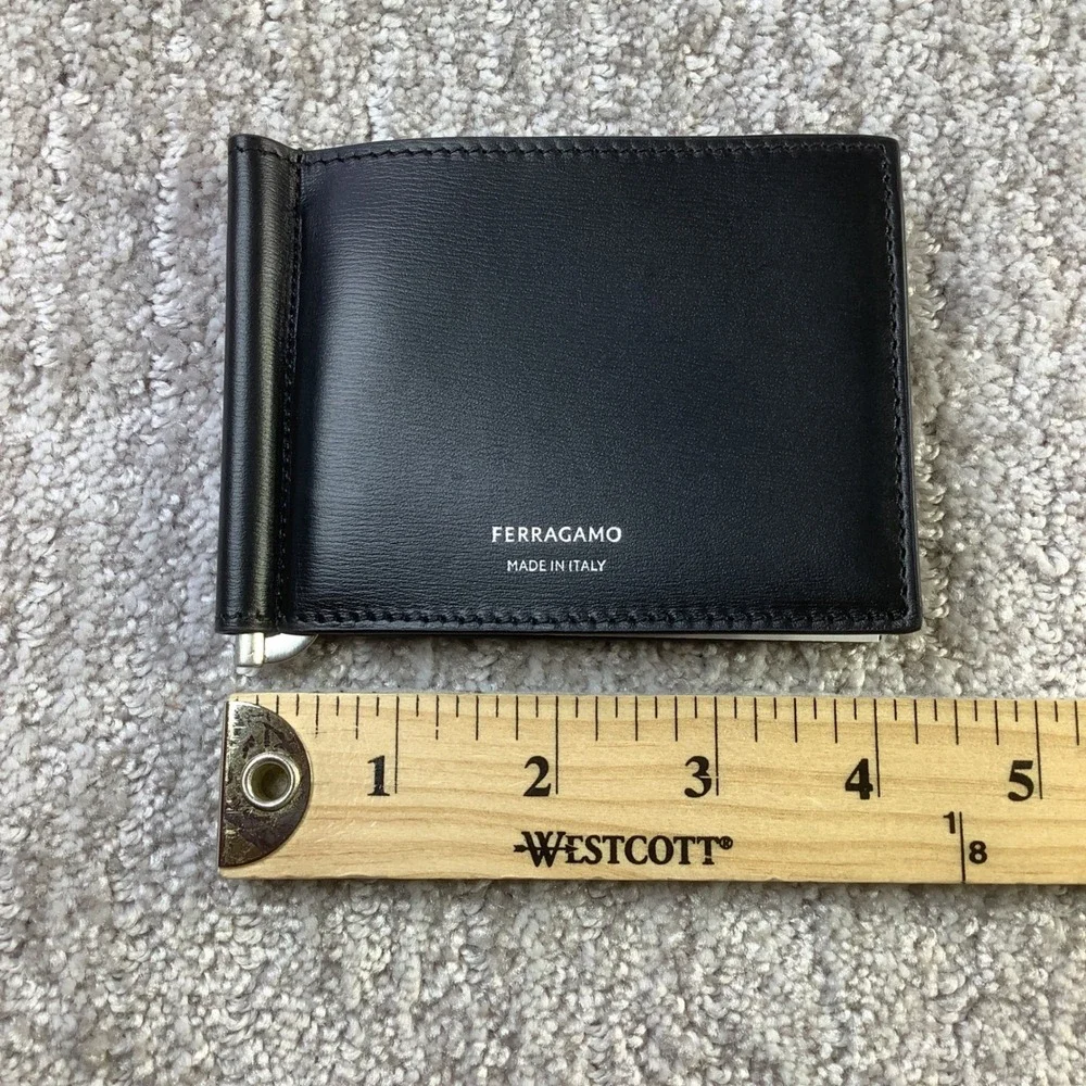 Salvatore Ferragamo Mens Nero Calf Leather Bifold Money Clip Wallet New